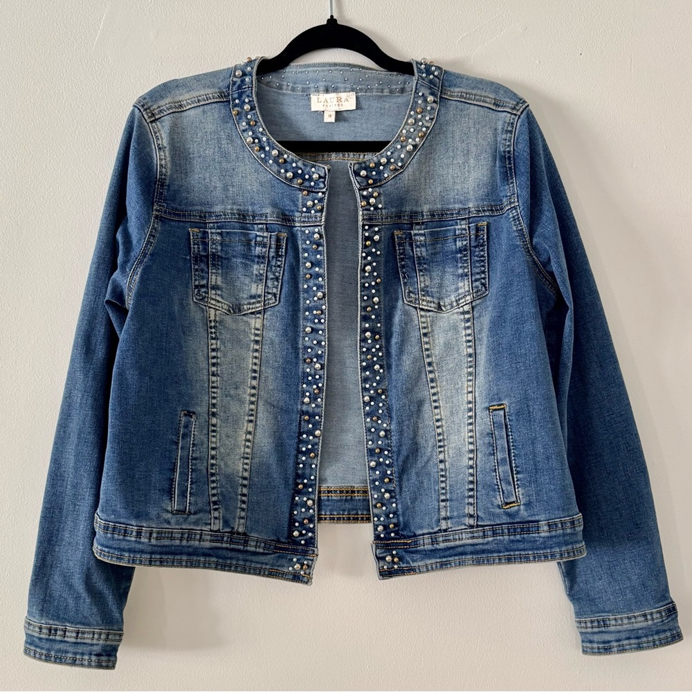 Laura Petites Blue Embellished Jean Jacket with Inside Pockets SZ.10